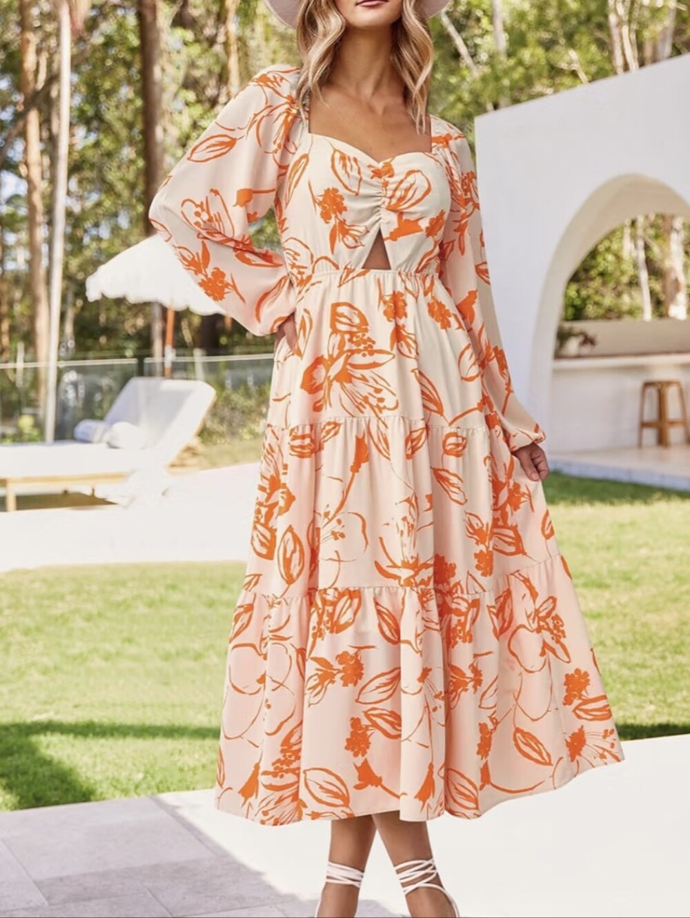 BTFBM Orange Floral Maxi Dress Puff Sleeve Ruffle Boho Coquette Womens Size M